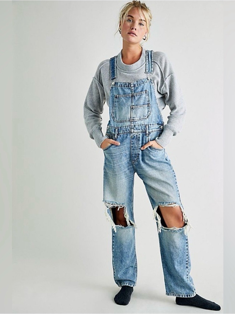 We The Free Light Blue Distressed Denim Overalls
